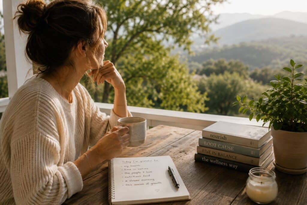 Woman looking calm while gazing out at a scenic view, reflecting a sense of clarity, balance, and returning to simple, effective wellness practices that support overall health.