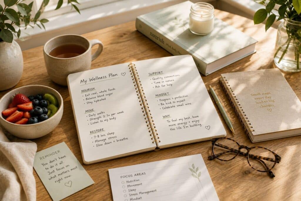 Wellness plan notebook alongside notes with reminders and focus areas, representing organized planning, clear priorities, and structured guidance for improving health and wellbeing.