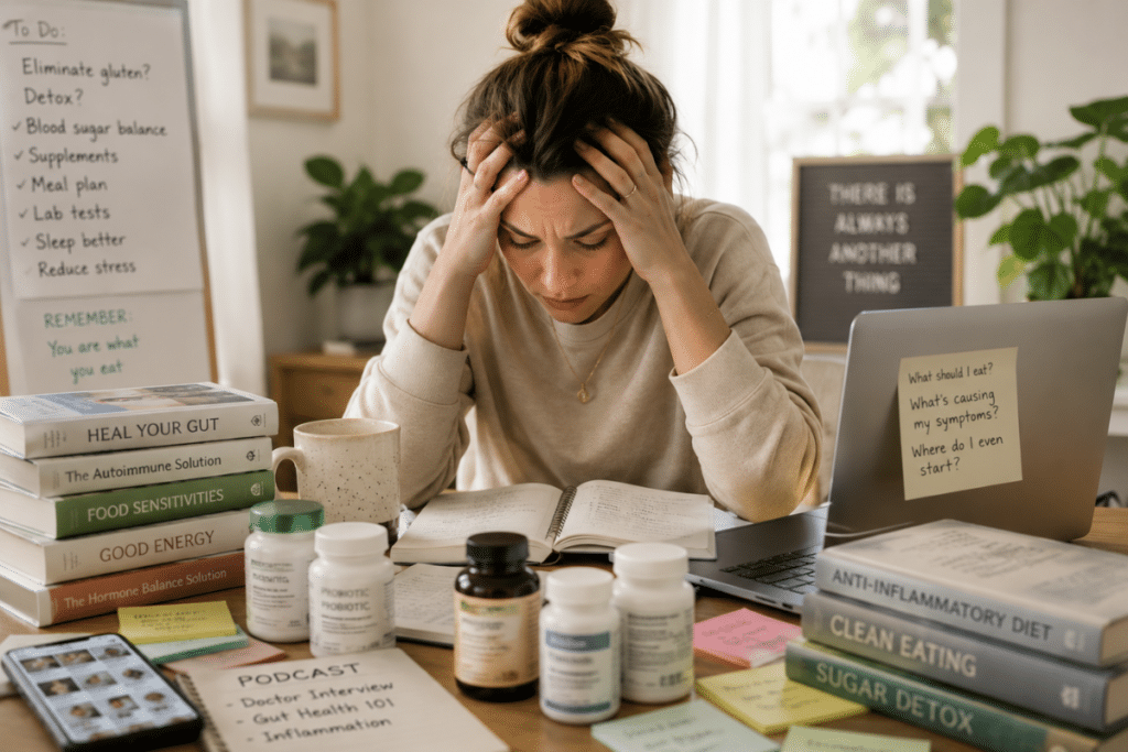 Woman looking stressed and overwhelmed while sitting with her hands on her head, illustrating the confusion and mental strain caused by overcomplicated wellness advice and health information.