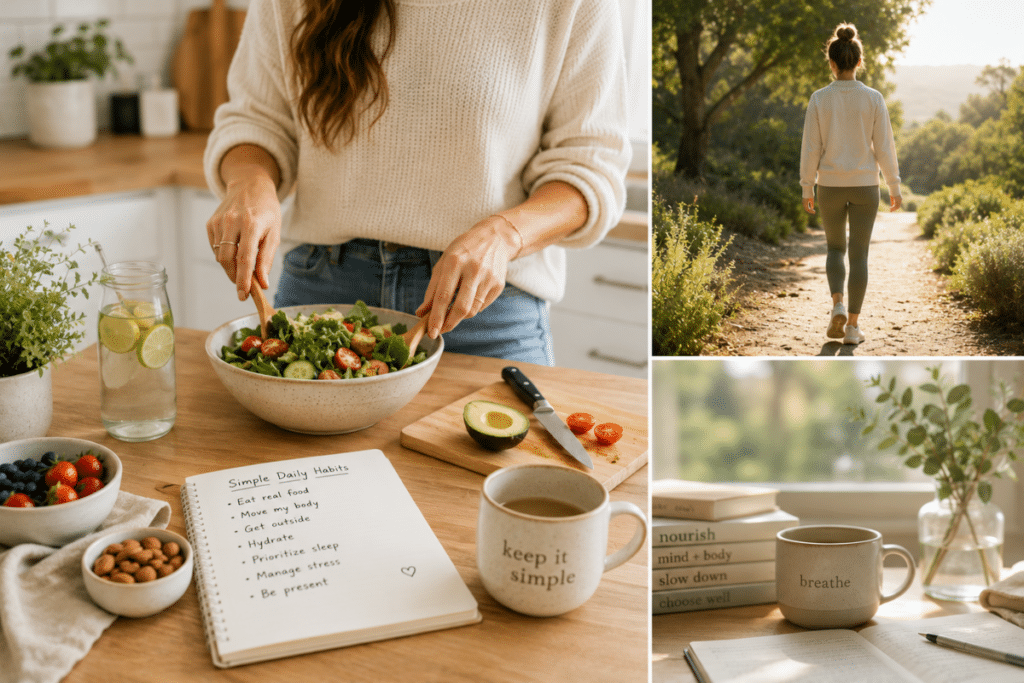 Collage showing preparing healthy meals, going for a walk, and having a healthy drink, representing simple daily habits that support improved wellness and sustainable health changes.